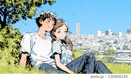 新緑の芝生が広がる都会の公園でくつろぐ若い男女