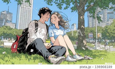 新緑の芝生が広がる都会の公園でくつろぐ若い男女