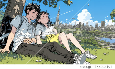 新緑の芝生が広がる都会の公園でくつろぐ若い男女