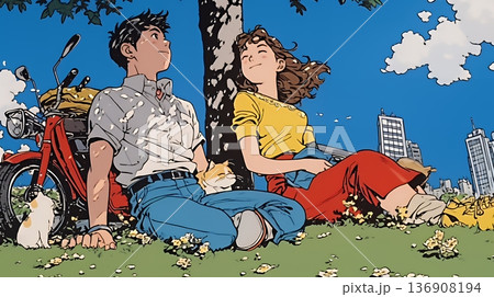 新緑の芝生が広がる都会の公園でくつろぐ若い男女