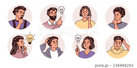 People avatars. Thoughtful business people portraits for social media, round frames, idea came mind, smiling faces, communication and user interface design, garish vector isolated set 136908202