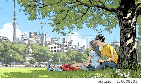 新緑の芝生が広がる都会の公園でくつろぐ若い男女