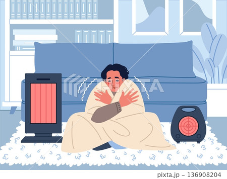 People freezing in room. Sad guy, shivering from cold, wrapped in blanket and trying to keep warm, electric heaters devices, indoor winter scene, classy vector cartoon isolated concept 136908204