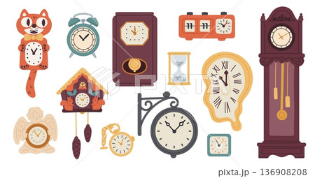 Retro watches clocks. Vintage mechanical clocks, dials with roman, arabic numerals, elegant pocket, classic wooden hourglass, electronic alarm and analog, garish vector cartoon isolated set 136908208
