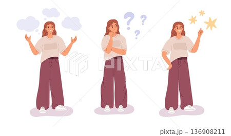 Thoughtful girl solves problem. Female character in three states, finding idea, reflection, insight symbol, creative woman, human with thought bubbles garish vector cartoon isolated concept Thoughtful girl solves problem. Female character in three states, finding idea, reflection, insight symbol, creative woman, human with thought bubbles garish vector cartoon isolated concept 136908211