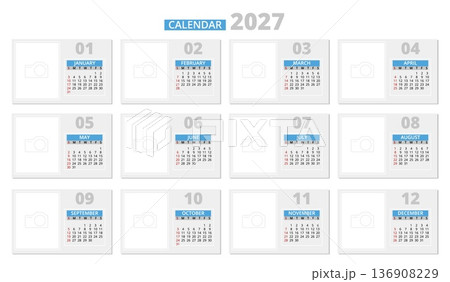 Yearly wall calendar pages. Simple design with place for images or photos, corporate and business monthly planner, minimalistic design templates qualitative vector organizer time management set 136908229