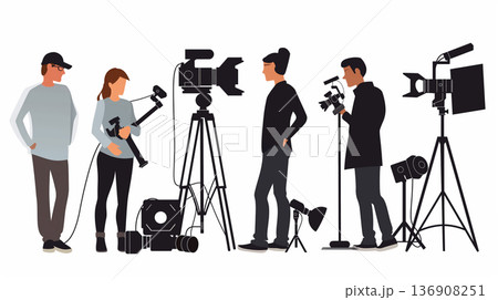 Film crew with different roles and camera equipment, set against a white background. Film crew with different roles and camera equipment, set against a white background. 136908251