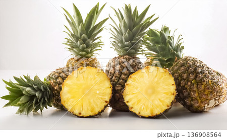 カットされたパイナップルのアップ｜白背景のトロピカルフルーツ素材 136908564