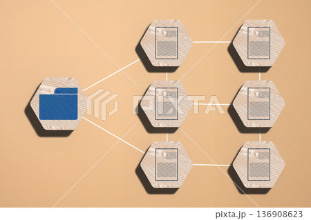 A wooden hexagonal grid, with the left element featuring a blue folder icon and the right layers featuring document icons. A wooden hexagonal grid, with the left element featuring a blue folder icon and the right layers featuring document icons. 136908623