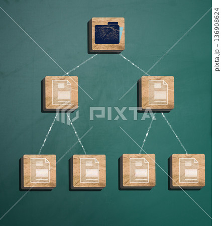 Hierarchical structure made of wooden cubes, top cube with folder icon, lower levels with document icons Hierarchical structure made of wooden cubes, top cube with folder icon, lower levels with document icons 136908624