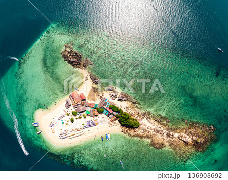 Drone aerial view shot of Tropical sea with beautiful small island in Phuket Thailand Drone aerial view shot of Tropical sea with beautiful small island in Phuket Thailand 136908692