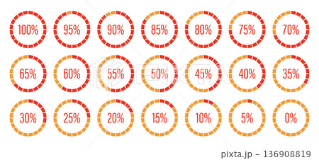 Progress bars. Round graph loading progress set. Template of orange and red color fill pie charts indicator. Circle diagrams icons for infographics from 0 to 100 percent. Round percentage infographic. Progress bars. Round graph loading progress set. Template of orange and red color fill pie charts indicator. Circle diagrams icons for infographics from 0 to 100 percent. Round percentage infographic. 136908819