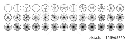 Sectors divide the circle on equal parts. Coaching blank. Segmented charts. Parts of diagram wheel from 1 to 39. Template of pie charts. Outline black graphic. Set of pie chart, pizza chart. Segments 136908820