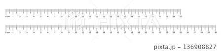 Set of measuring chart with 25cm and 30 centimeters. Collection of ruler scale 250mm and 300mm with numbers. Length measurement math, distance, Sewing tool. Templates of ruler scale.  136908827