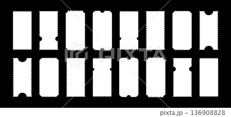 Admit ticket mockup on black background set. Pattern of tickets for cinema, theater, club, festival, casino, circus. Empty flat template. Simple boarding blank, lottery, minimalist sale coupons. Admit ticket mockup on black background set. Pattern of tickets for cinema, theater, club, festival, casino, circus. Empty flat template. Simple boarding blank, lottery, minimalist sale coupons. 136908828