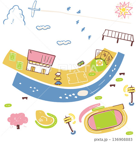 開放的な河川敷の総合スポーツ施設マップ 野球 サッカー 陸上 テニス スケボー等多彩な競技場 136908883