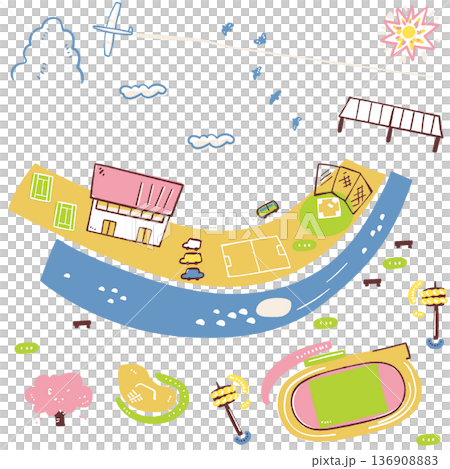 開放的な河川敷の総合スポーツ施設マップ 野球 サッカー 陸上 テニス スケボー等多彩な競技場 136908883