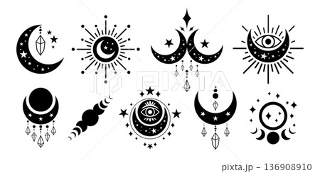 Celestial mystical symbols set. Moon phases, stars, crystals and all-seeing eye. Collection of mystical and bohemian elements. Celestial mystical symbols set. Moon phases, stars, crystals and all-seeing eye. Collection of mystical and bohemian elements. 136908910