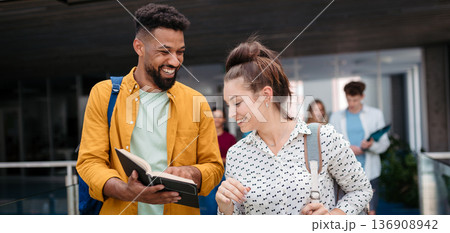 Young university friends hanging out between lectures. Young university friends hanging out between lectures. 136908942
