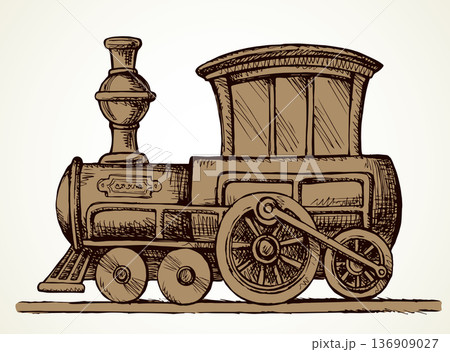 Old toy locomotive. Vector drawing Old toy locomotive. Vector drawing 136909027