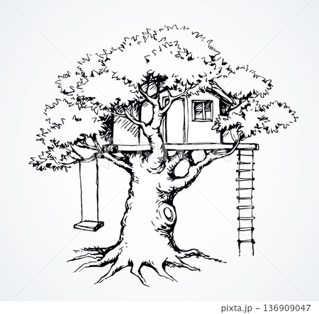 Wooden tree house. Vector drawing 136909047