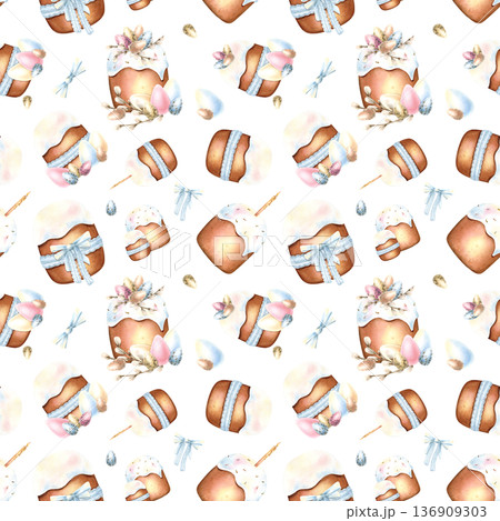 Watercolor Easter seamless pattern with Icing cake, lace blue ribbon, colorful eggs in pastel colors. Traditional religious food for Festive packaging. Delicate hand painted isolated background 136909303