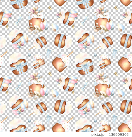 Watercolor Easter seamless pattern with Icing cake, lace blue ribbon, colorful eggs in pastel colors. Traditional religious food for Festive packaging. Delicate hand painted isolated background 136909303