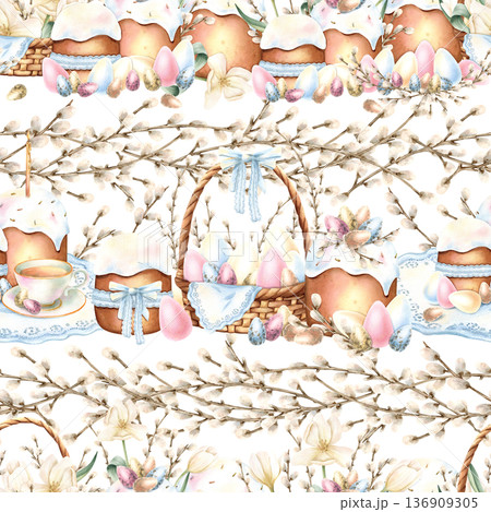 Easter seamless pattern with icing cake, lit candle, willow branches, lace textile, colorful eggs in basket, cup of tea. Delicate watercolor spring illustration isolated from background for packaging 136909305