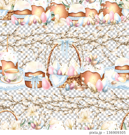 Easter seamless pattern with icing cake, lit candle, willow branches, lace textile, colorful eggs in basket, cup of tea. Delicate watercolor spring illustration isolated from background for packaging 136909305
