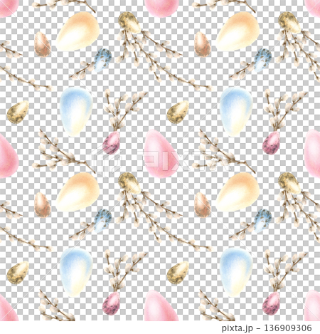 Watercolor willow branches with Easter colorful eggs seamless pattern. Traditional symbol of religious bright holiday in pastel colors. Hand drawn illustration isolated from background for packaging 136909306