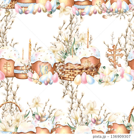 Orthodox Easter seamless pattern with copy space. Spring primrose, flowers, icing cake, lit candle, religious cross, colorful eggs, willow branches. Hand painted watercolor isolated background 136909307