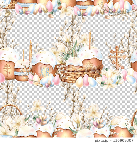 Orthodox Easter seamless pattern with copy space. Spring primrose, flowers, icing cake, lit candle, religious cross, colorful eggs, willow branches. Hand painted watercolor isolated background 136909307