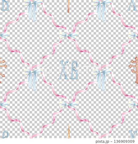 Easter seamless pattern in Cottagecore style. Religious cross, burning candle, letters Christ in Risen, tied bow, copy space. Watercolor pastel blue pink shades. Illustration isolated from background. 136909309