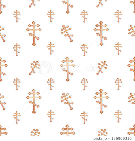 Religious Orthodoxy cross seamless pattern. Symbol of Christian faith in golden color. Traditional design isolated on white background. Hand painted illustration for textile, printed materials, book 136909310