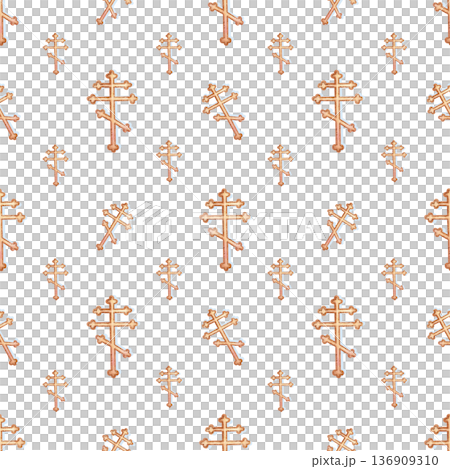 Religious Orthodoxy cross seamless pattern. Symbol of Christian faith in golden color. Traditional design isolated on white background. Hand painted illustration for textile, printed materials, book 136909310