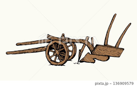 Ancient plow. Vector drawing object Ancient plow. Vector drawing object 136909579