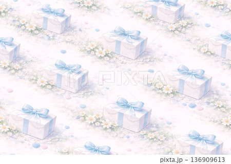 ホワイトデーシリーズ：ギフトが流れる躍動的なパターン 136909613