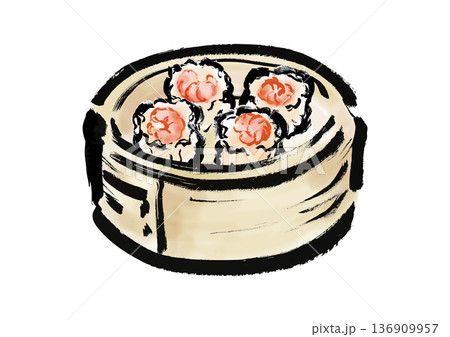 蒸篭に入っている海老焼売の和風筆イラスト素材 蒸篭に入っている海老焼売の和風筆イラスト素材 136909957