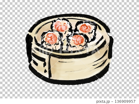 日式毛筆畫風格的蒸籠蝦燒賣 136909957