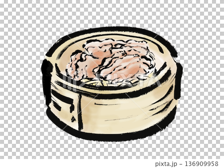 日式毛筆畫風格的蒸籠裡薄切豬肉 136909958