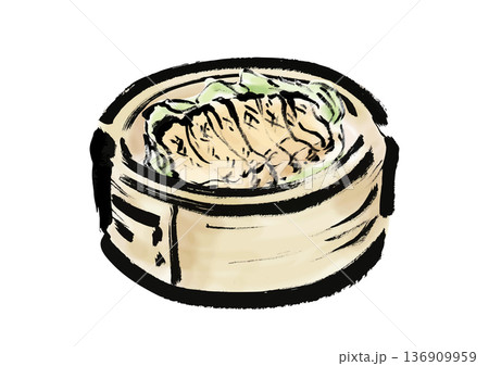 蒸篭に入った鶏肉料理の和風筆イラスト素材 136909959
