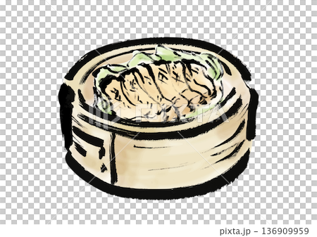 蒸篭に入った鶏肉料理の和風筆イラスト素材 136909959