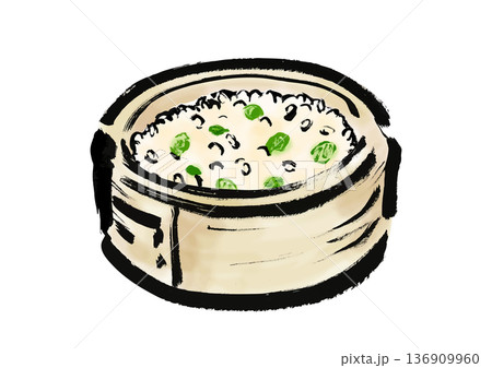 蒸篭に入っている豆おこわの和風筆イラスト素材 蒸篭に入っている豆おこわの和風筆イラスト素材 136909960