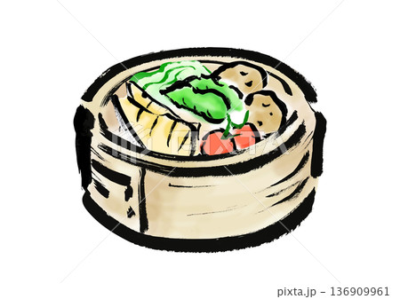 蒸篭に入っている野菜の和風筆イラスト素材 136909961