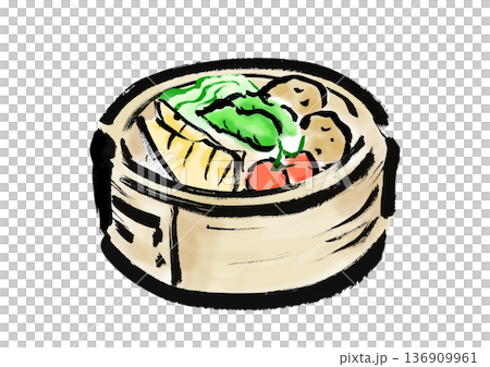 蒸篭に入っている野菜の和風筆イラスト素材 136909961