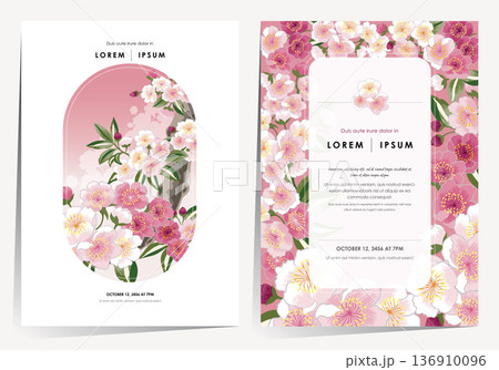Vector Illustration Template Set of Plum blossoms in full bloom on branches under a bright full moon 136910096