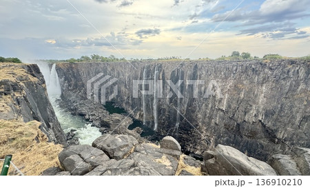 ジンバブエ側乾季のビクトリアフォールと岩肌を船上から撮影したワイド風景 観光旅行向け背景素材 ジンバブエ側乾季のビクトリアフォールと岩肌を船上から撮影したワイド風景 観光旅行向け背景素材 136910210