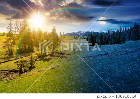 mountain landscape during spring. day meet night. sun and moon over peaceful countryside scenery with coniferous forest near grassy field. beautiful ridge with snow capped top in the distance 136910314