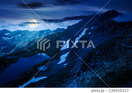 mountain lake in alpine summer landscape at night. beautiful view surrounded with clouds on a dark sky in full moon light. fresh water, snow and rocky slopes. mysterious remote fantasy highlands mountain lake in alpine summer landscape at night. beautiful view surrounded with clouds on a dark sky in full moon light. fresh water, snow and rocky slopes. mysterious remote fantasy highlands 136910317