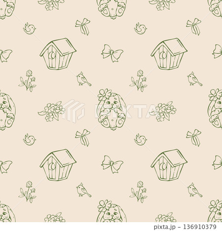Whimsical seamless pattern with birdhouse, cute bunny and birds. Hand drawn outline illustration Whimsical seamless pattern with birdhouse, cute bunny and birds. Hand drawn outline illustration 136910379